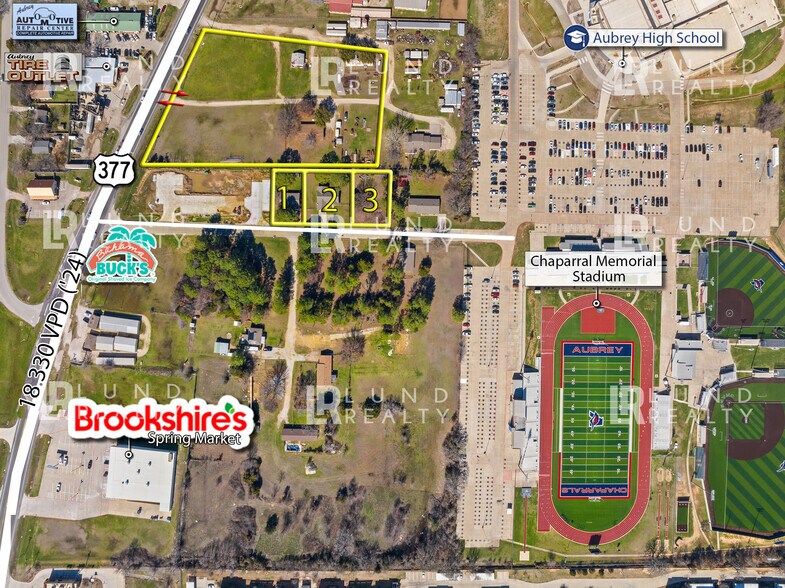 More Photos Of US 377 -3 AC | ON SEWER | COMMERCIAL | 3 LOTS, Aubrey Land For Sale
