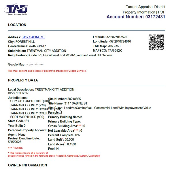 More Photos Of 3117 Sabine St, Forest Hill Land For Sale