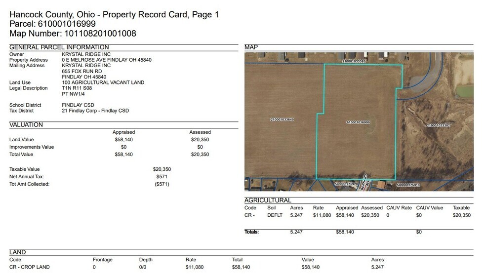 More Photos Of 0 Sheridan -1, Findlay Land For Sale