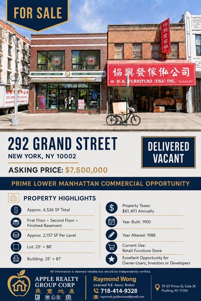 Primary Photo Of 292 Grand St, New York Storefront For Sale