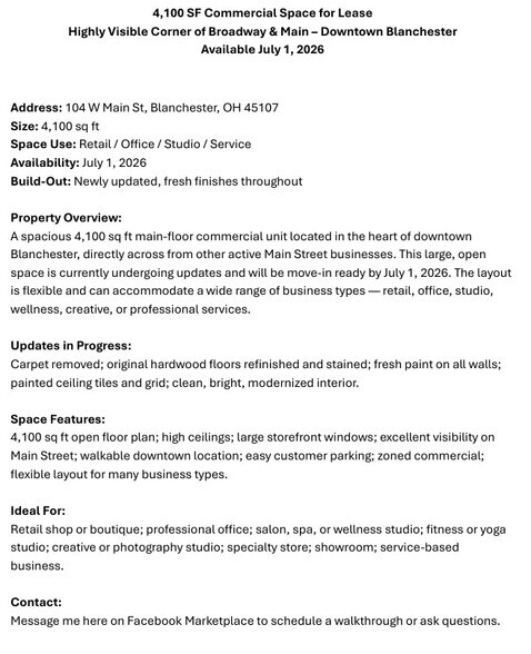 More Photos Of 104 Main st, Blanchester General Retail For Lease