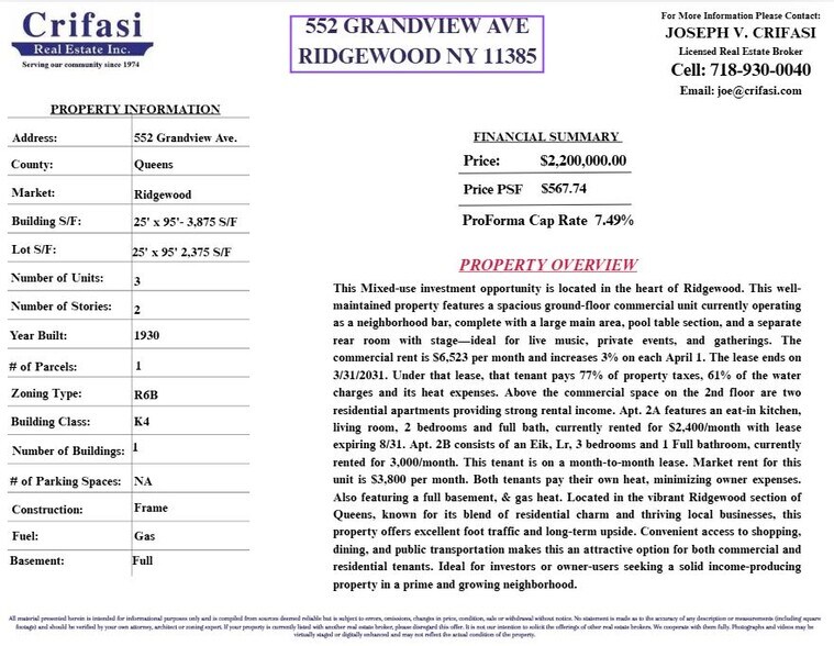 More Photos Of 552 Grandview Ave, Ridgewood Storefront For Sale